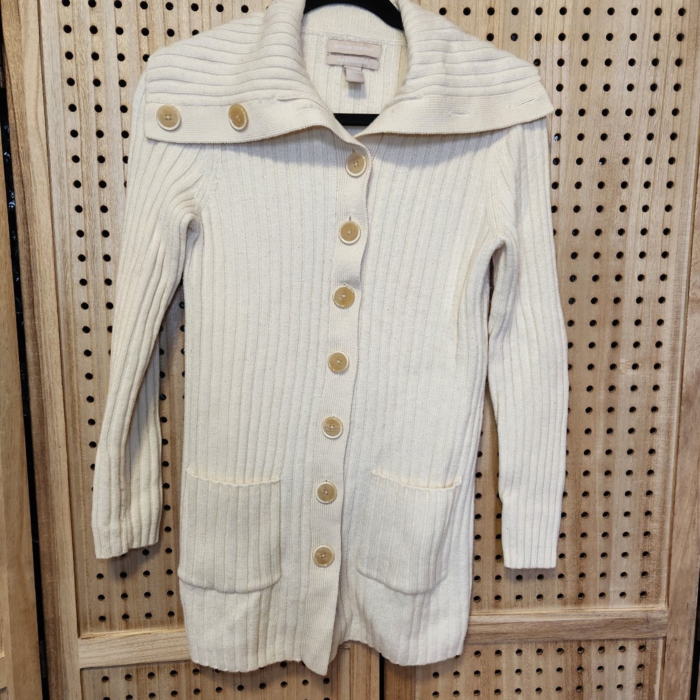 Banana Republic cardigan ivory ribbed sweater granny chic Italian Fabric Small
